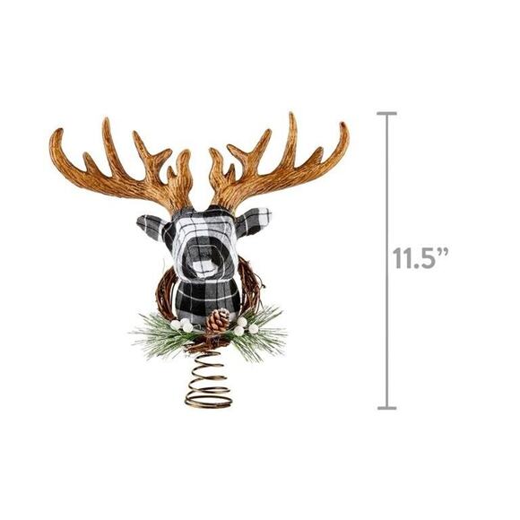 Plaid Deer Head Country Christmas Tree Topper 11.5" Black & White Holiday Decor - Picture 3 of 6